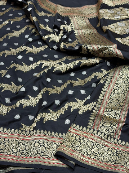 Black Handwoven Pure Banarasi Silk Saree – Kadwa Weave in 100% Katan Mulberry Silk