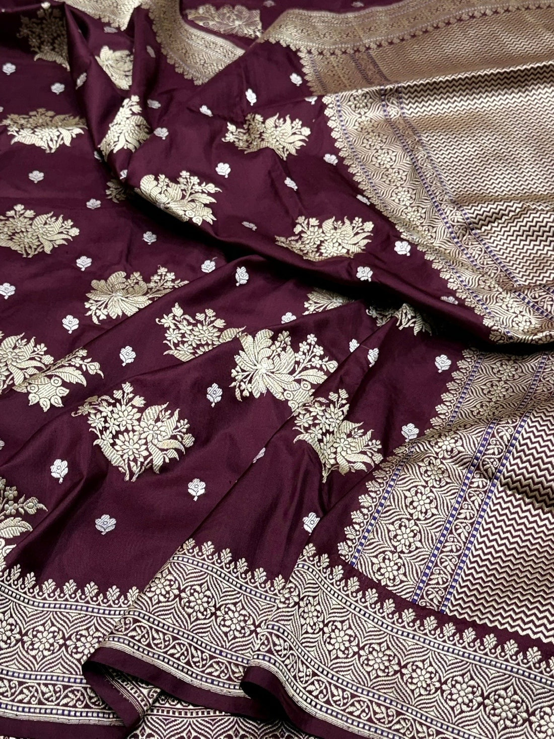 Wine Handwoven Pure Banarasi Silk Saree | Kadwa Katan Mulberry Silk