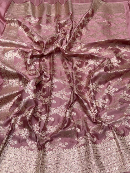 Dusty Pink Handwoven Vintage Pure Banarasi Satin Silk Saree