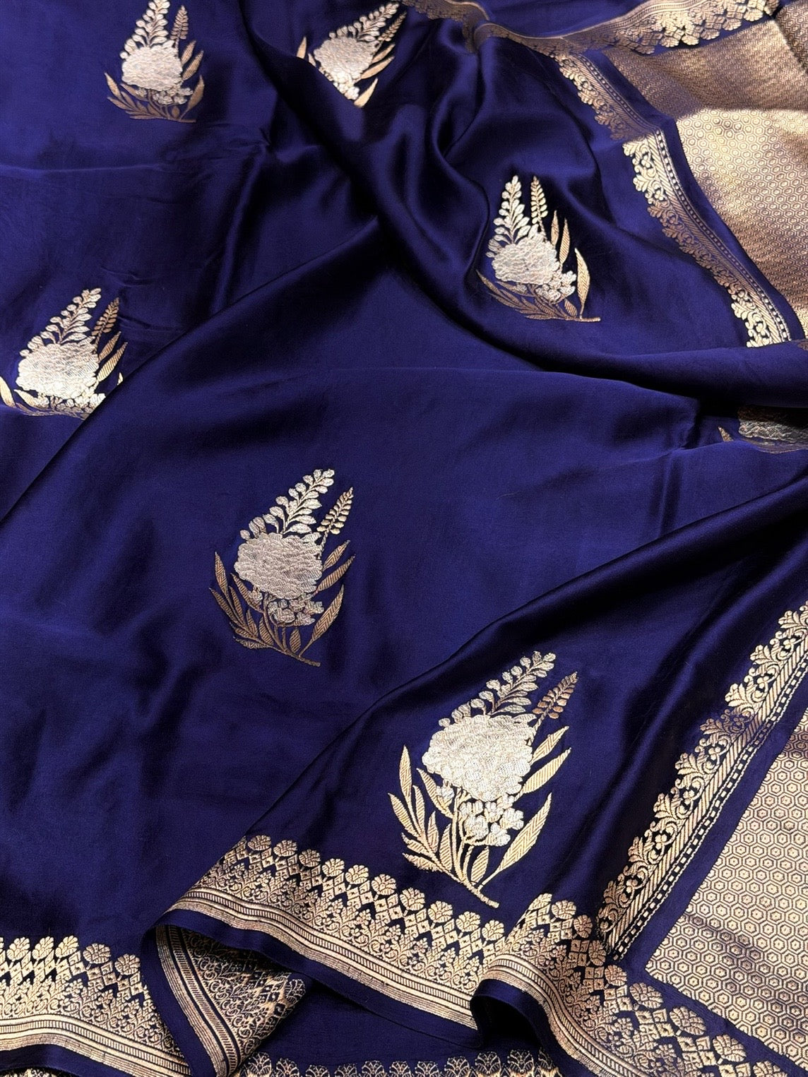 Navy Blue Handwoven Pure Mashru Banarasi Satin Silk Saree