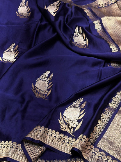 Navy Blue Handwoven Pure Mashru Banarasi Satin Silk Saree