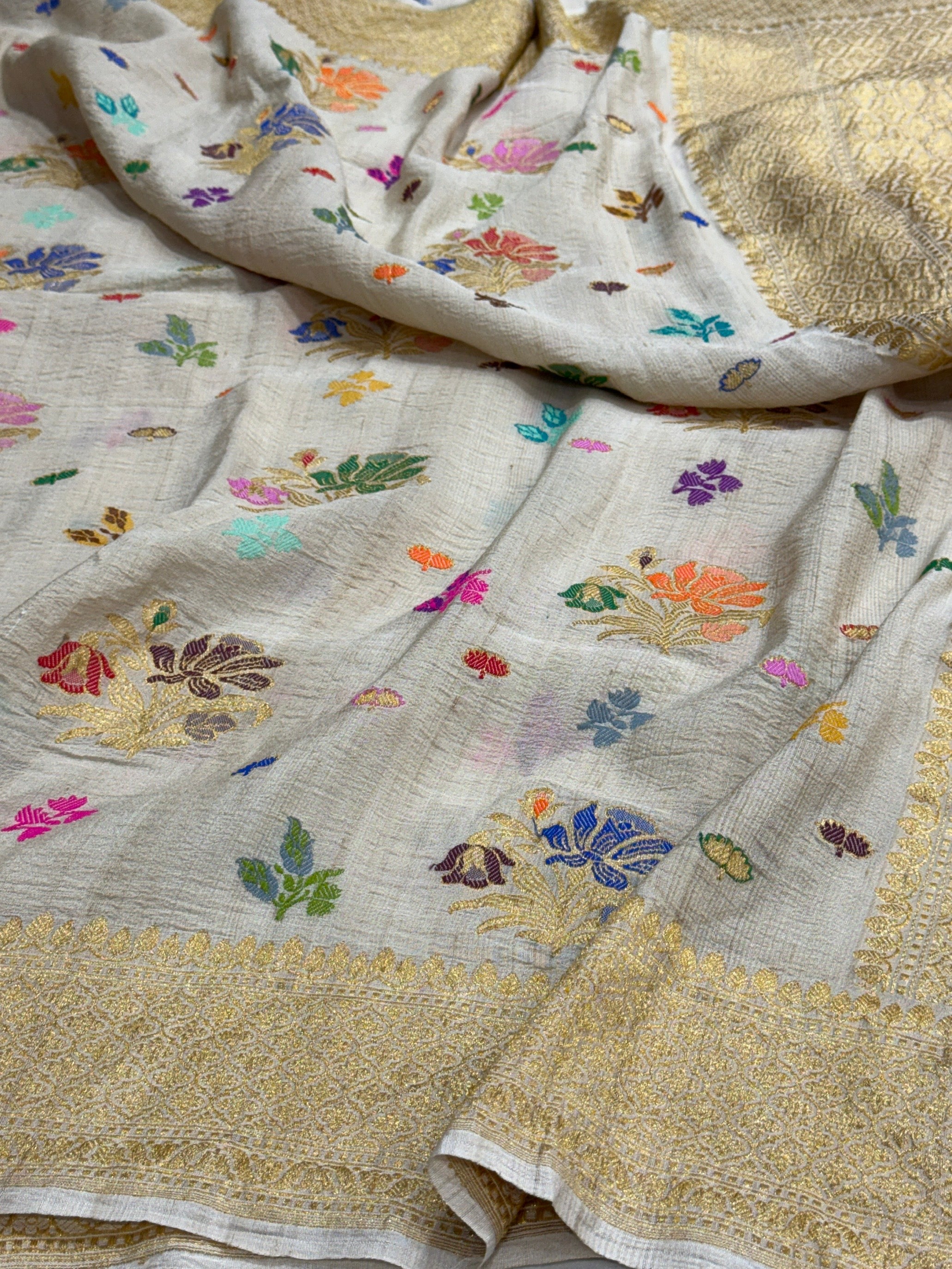 Ivory Handwoven Pure Tussar Georgette Saree