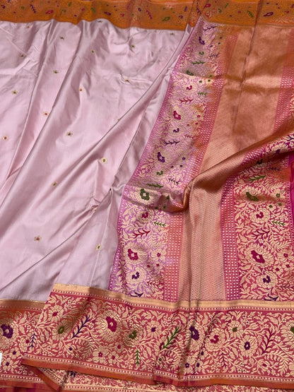 Powder Pink Handwoven Pure Banarasi Ektara Silk Saree – Kadwa Iktara Weave, Pure Mulberry Silk