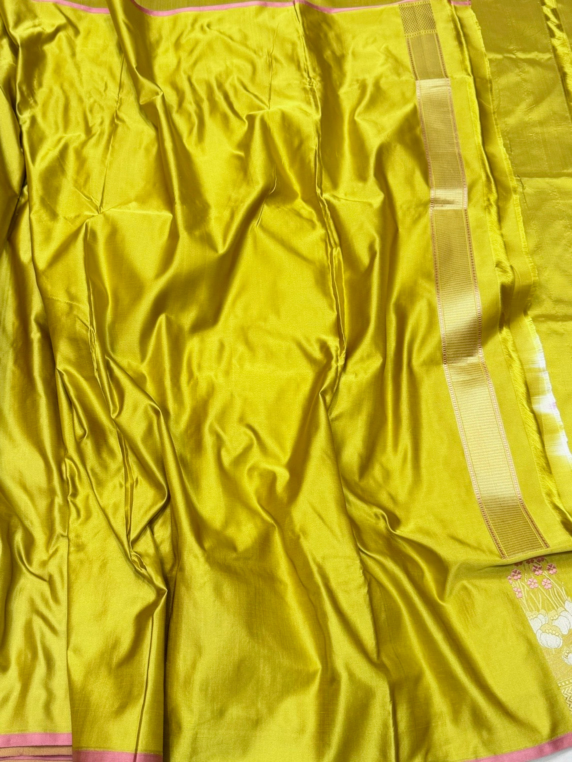 Mehndi Yellow Handwoven Pure Banarasi Satin Silk Saree – Kadwa Weave | 100% Pure Satin Silk | Authentic Banaras Handloom