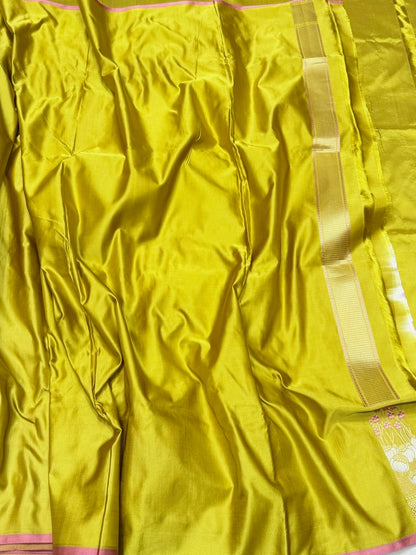 Mehndi Yellow Handwoven Pure Banarasi Satin Silk Saree – Kadwa Weave | 100% Pure Satin Silk | Authentic Banaras Handloom