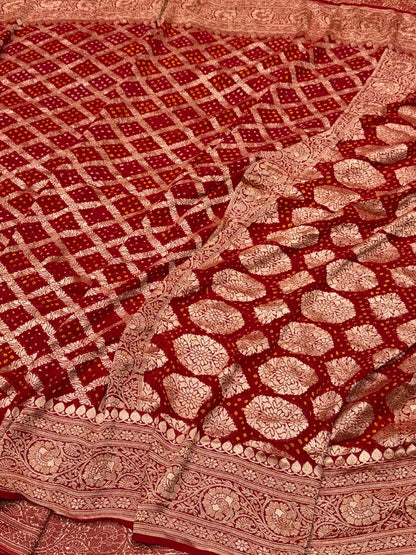 Red Banarasi Pure Bandhej Georgette Saree – Luxury Cutwork Brocade Festive Saree