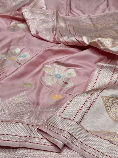 Blush Pink Handwoven Pure Banarasi Ektara Silk Saree in Kadwa Weave – 100% Pure Mulberry Silk
