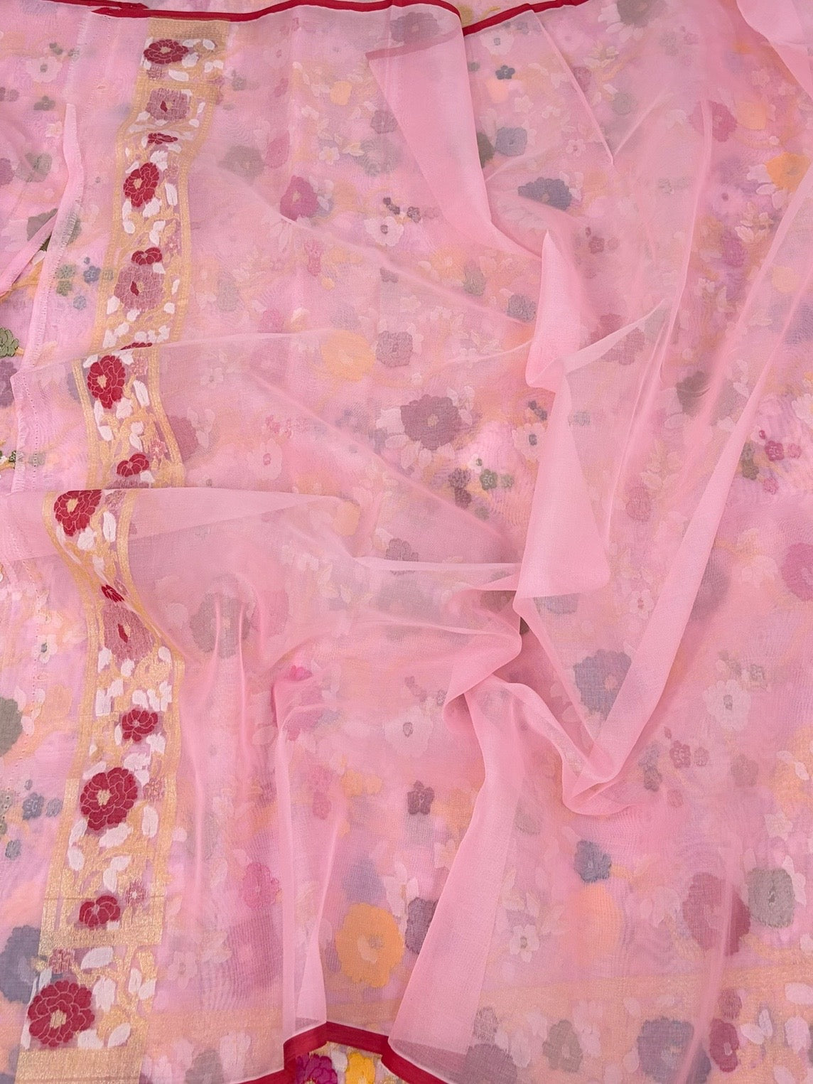 Baby Pink Banarasi Pure Kora Jamdani Saree