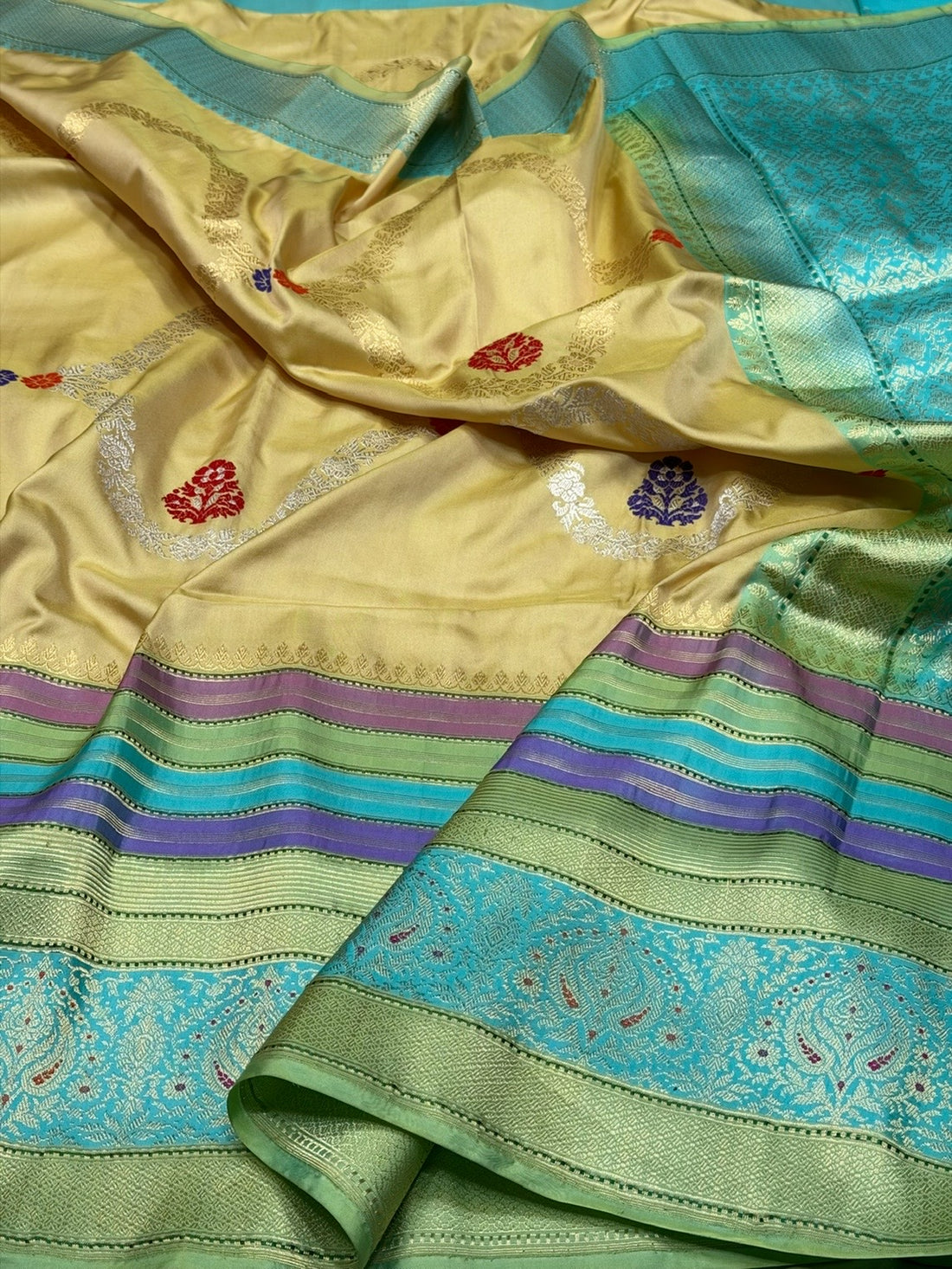 Mustard Yellow / Turquoise Green Handwoven Pure Banarasi Ektara Silk Saree – Luxury Kadwa Weave