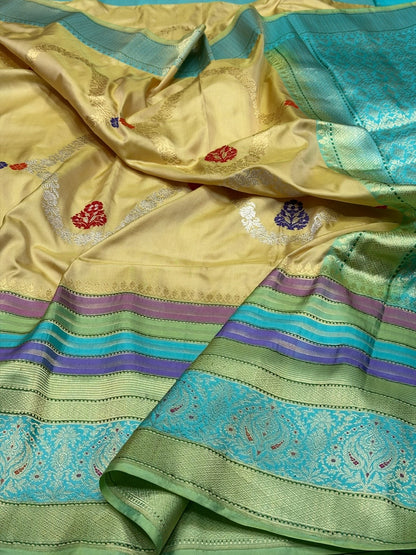 Mustard Yellow / Turquoise Green Handwoven Pure Banarasi Ektara Silk Saree – Luxury Kadwa Weave