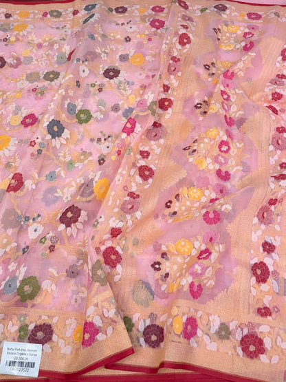Baby Pink Banarasi Pure Kora Jamdani Saree
