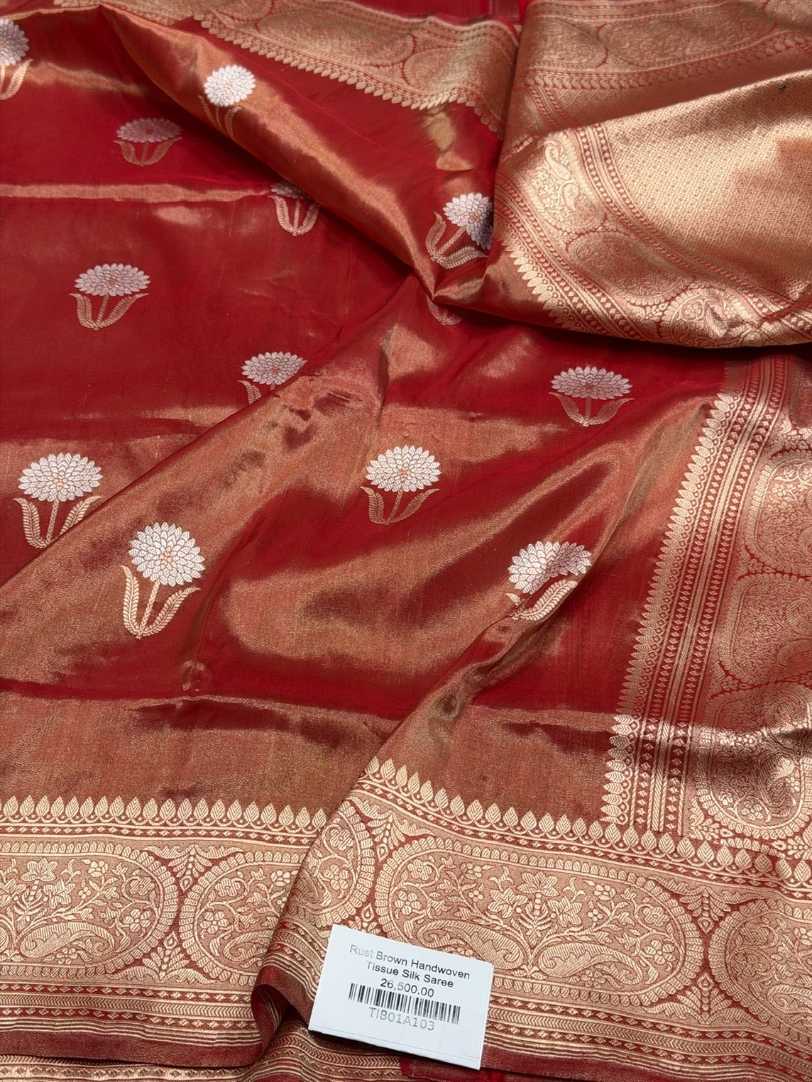 Rust Brown Handwoven Pure Banarasi Tissue Silk Saree