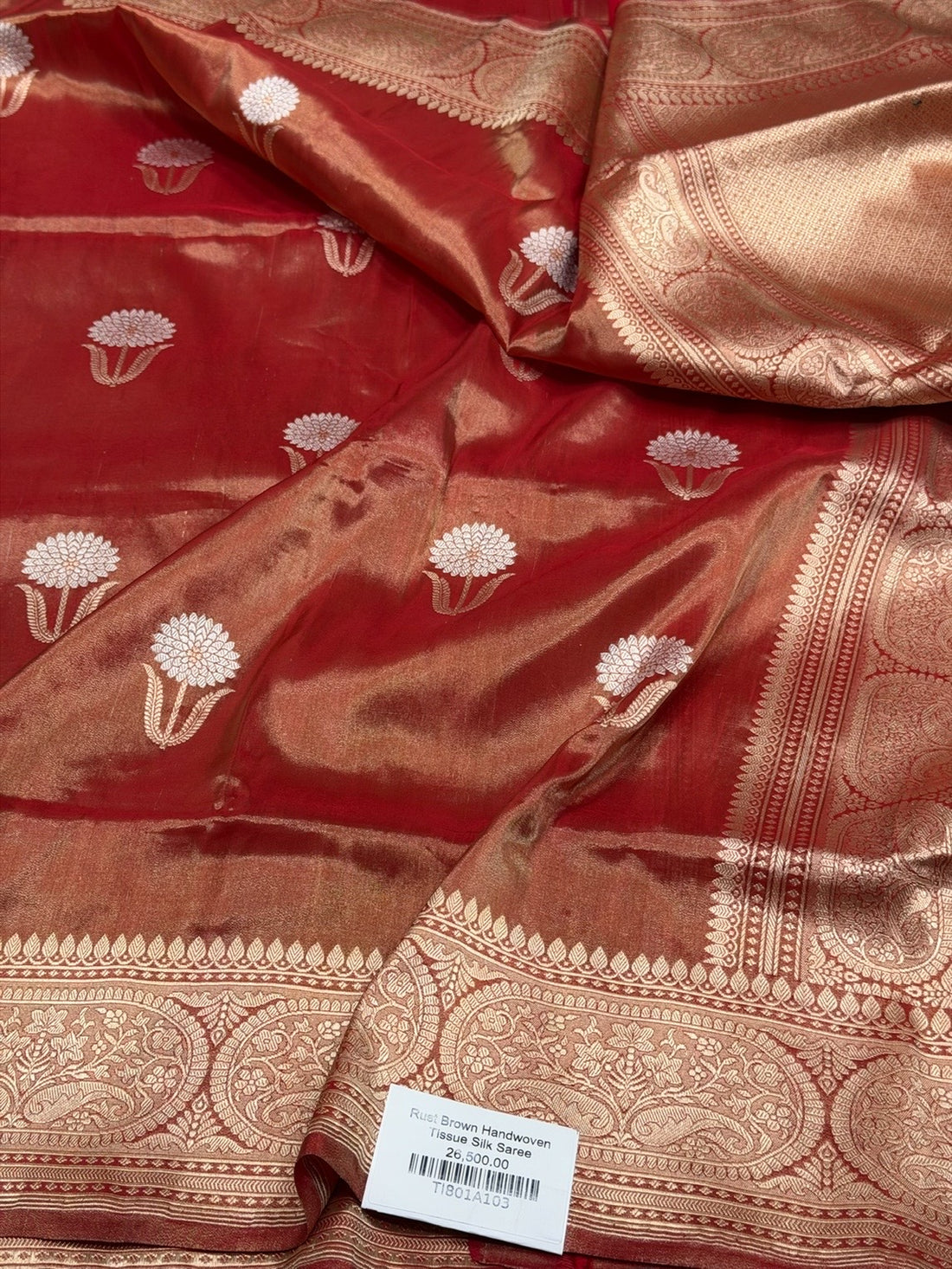 Rust Brown Handwoven Pure Banarasi Tissue Silk Saree