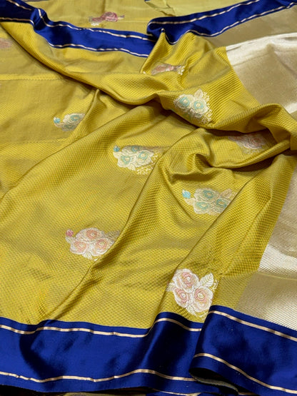 Lemon Yellow Handwoven Pure Banarasi Satin Tanchoi Silk Saree
