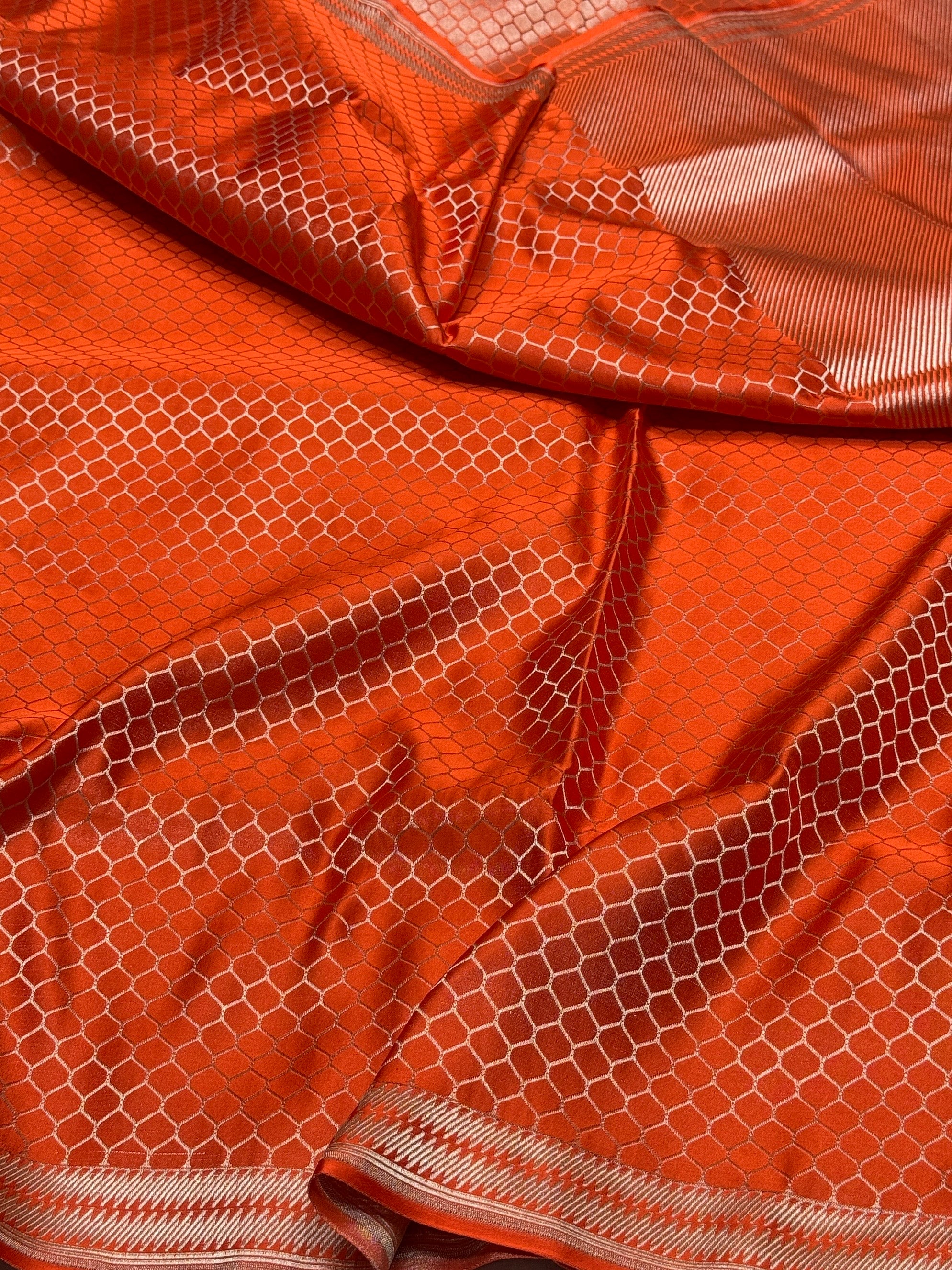 Orange Handwoven Pure Banarasi Satin Tanchoi Silk Saree