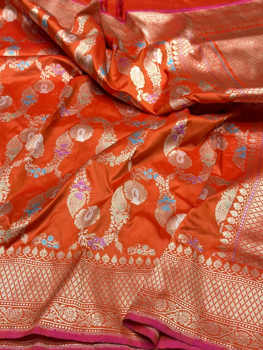 Orange Handwoven Pure Banarasi Silk Saree in Kadwa Weave | Authentic Katan Mulberry Silk