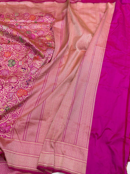 Rani Pink Handwoven Kimkhab Pure Katan Silk Brocade Saree