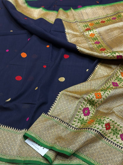 Navy Blue Handwoven Banarasi Pure Cotton Saree
