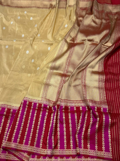 Beige/Red Handwoven Pure Banarasi Tissue Silk Saree