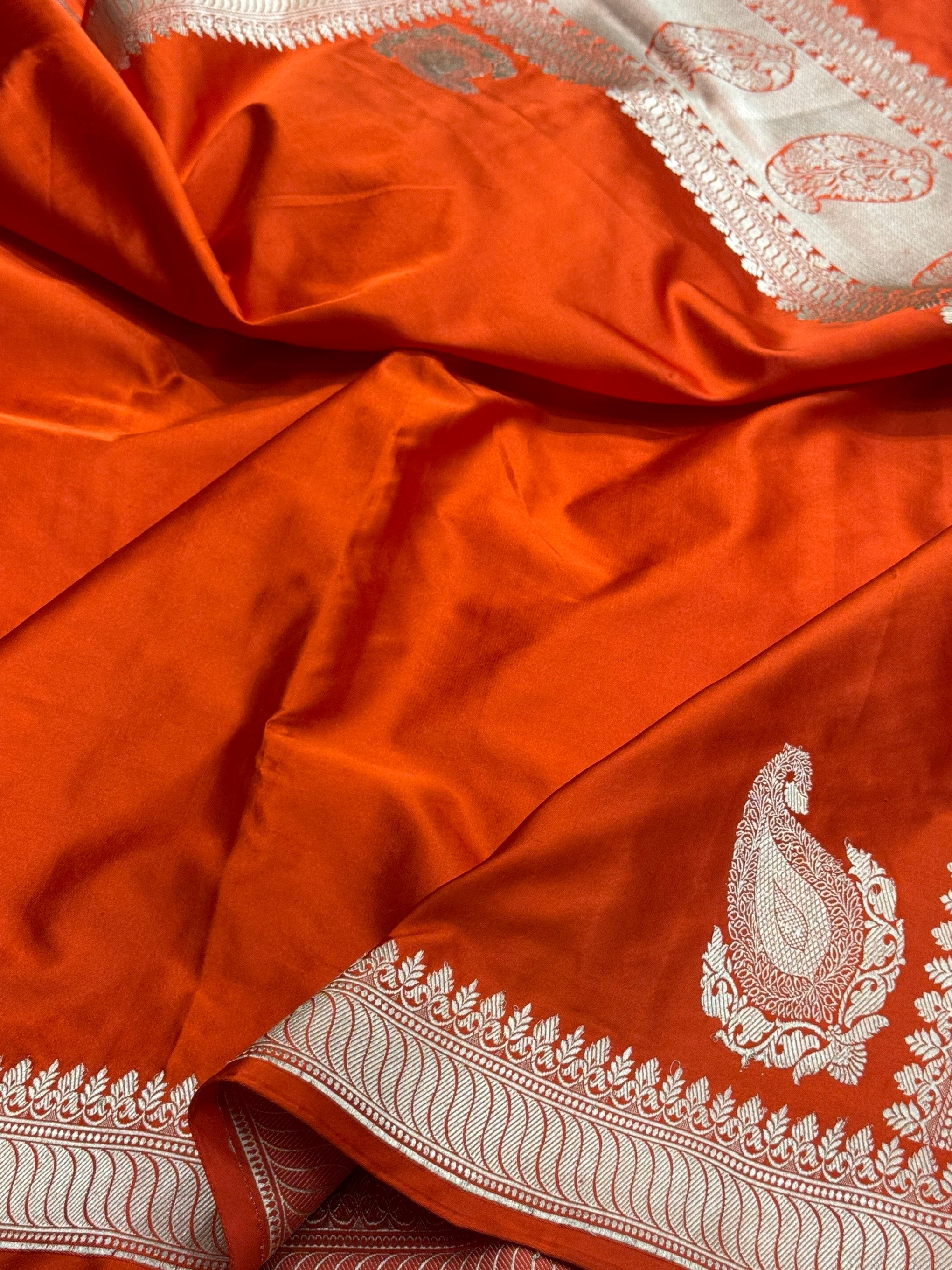 Orange Handwoven Banarasi Pure Mashru Satin Silk Saree