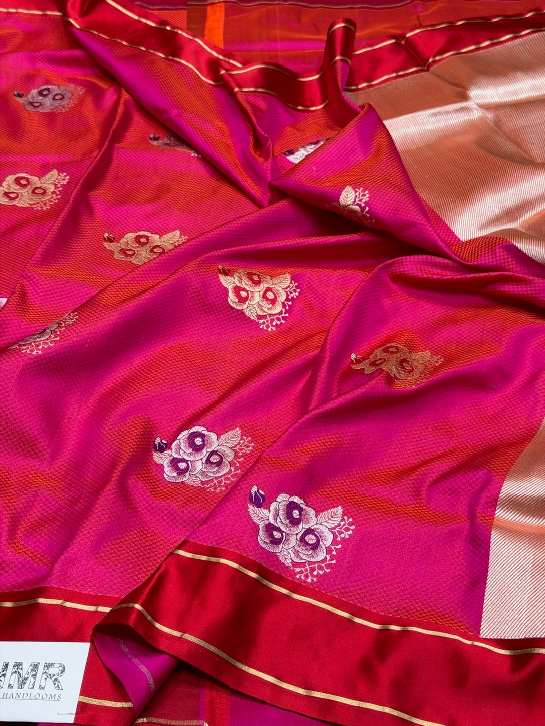 Orangish Pink Handwoven Pure Banarasi Satin Tanchoi Silk Saree