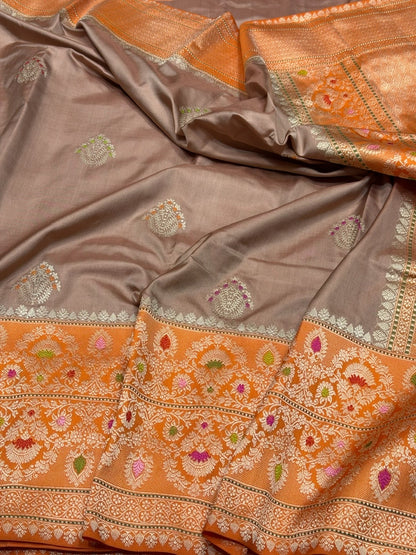Smoky Grey &amp; Orange Handwoven Pure Banarasi Ektara Silk Saree – Kadwa Iktara Weave, Pure Mulberry Silk