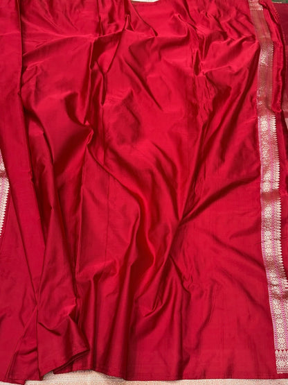 Red Handwoven Pure Banarasi Satin Silk Brocade Saree – Luxury Brocade Work