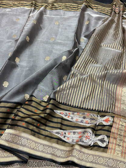 Ash Grey Handwoven Pure Banarasi Ektara Tissue Saree | Lightweight Kadwa Katan Silk