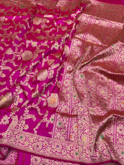 Rani Pink Handwoven Pure Banarasi Silk Saree – Kadwa Weave in 100% Katan Mulberry Silk