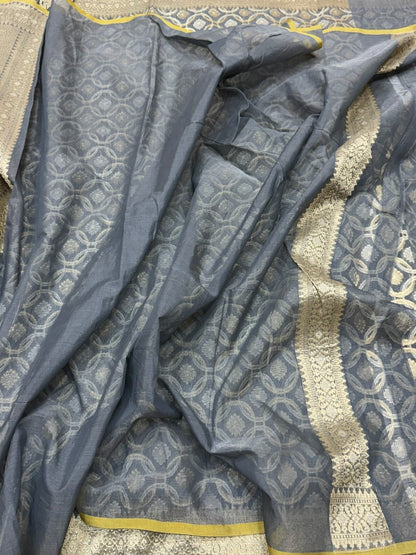 Ash Grey Banarasi Pure Kora Cotton Saree