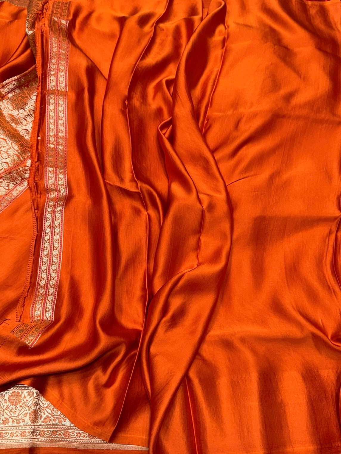 Orange Handwoven Pure Mashru Banarasi Satin Silk Saree – Kadwa Weave | Authentic Banaras Handloom