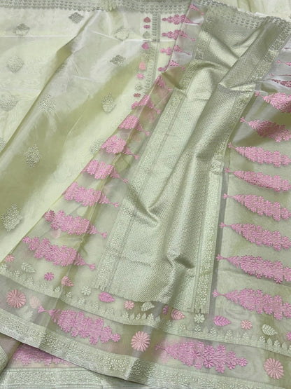 Pista Green Handwoven Pure Banarasi Organza Silk Saree – Kadwa Weave with Skirt Border