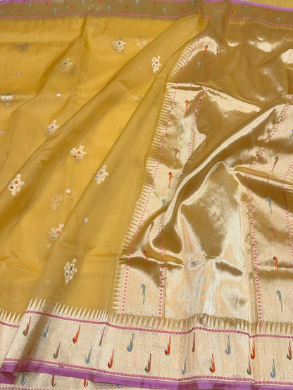 Yellow Handwoven Pure Organza Silk Saree
