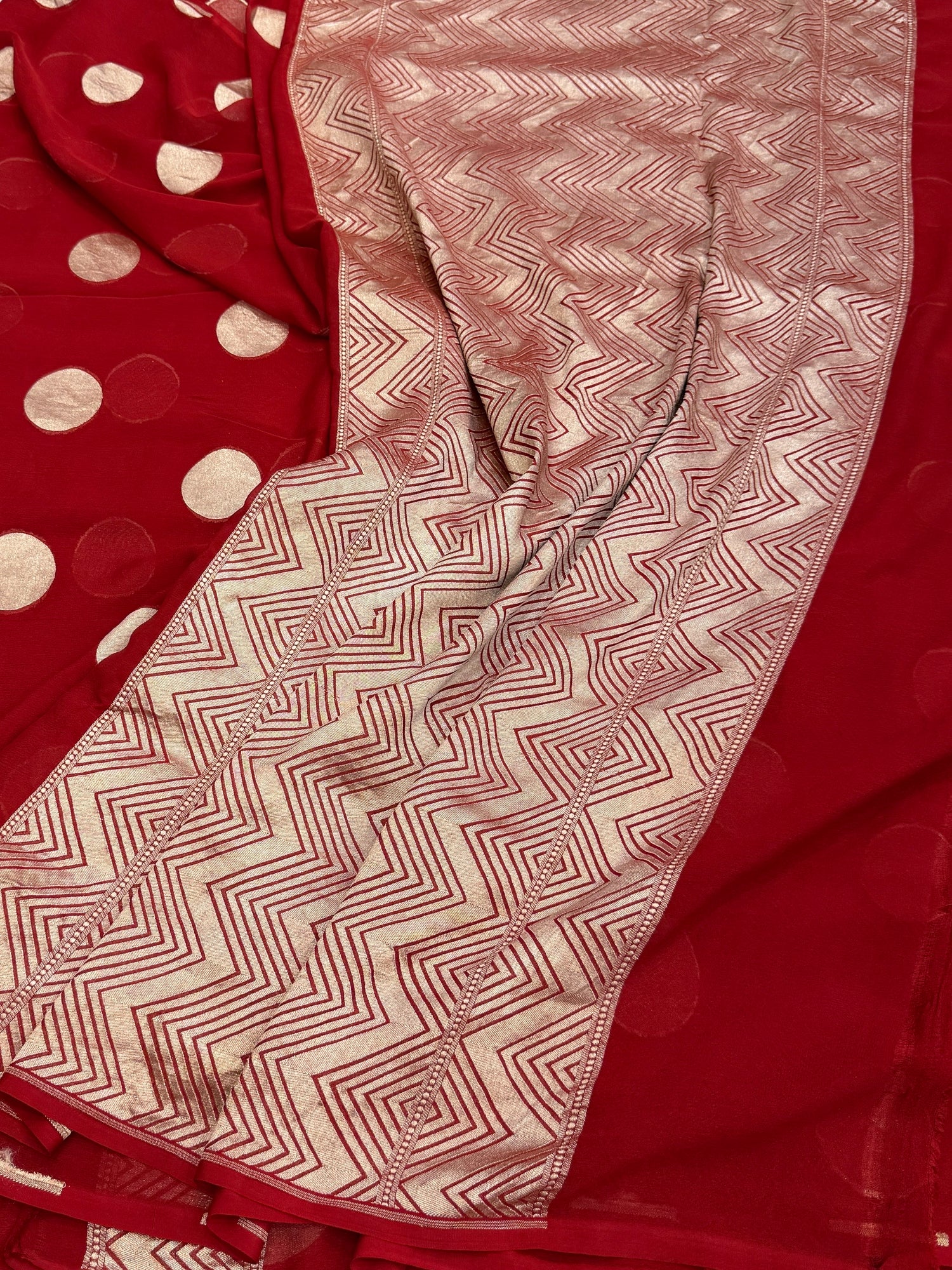 Red Banarasi Pure Chiffon Georgette Saree – Luxury Cutwork Brocade Festive Saree