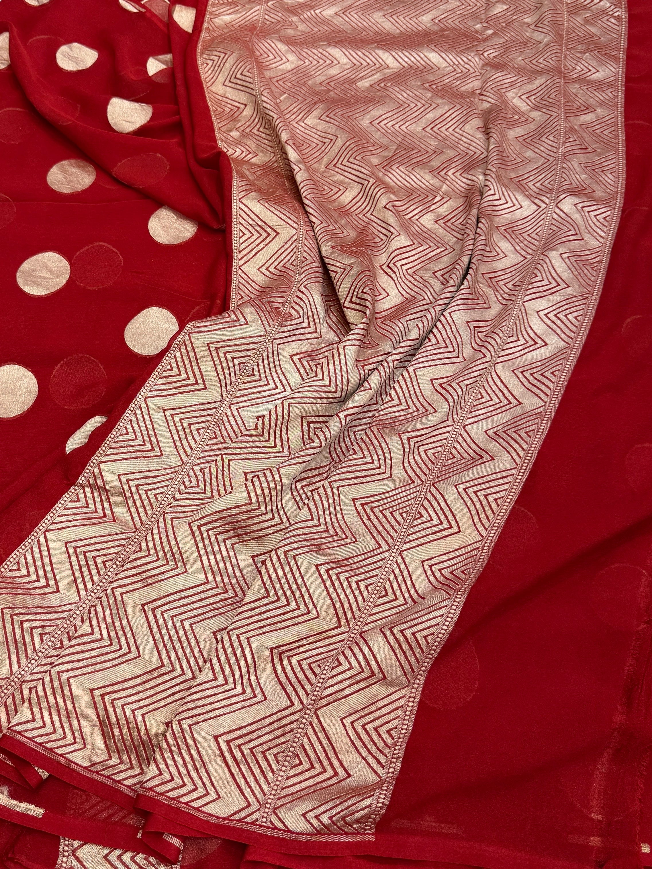 Red Banarasi Pure Chiffon Georgette Saree – Luxury Cutwork Brocade Festive Saree