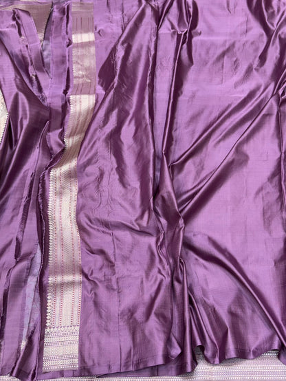 Lavender Handwoven Pure Banarasi Satin Tanchoi Silk Saree – 100% Pure Satin Silk, Intricate Kadwa Weave