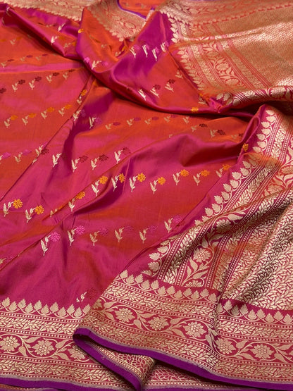 Orangish Pink Handwoven Pure Banarasi Silk Saree