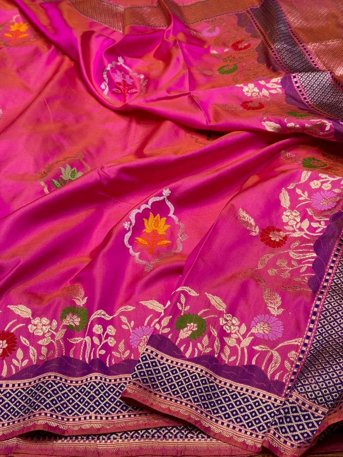 Rani Pink Handwoven Pure Banarasi Ektara Silk Saree – Luxury Kadwa Weave