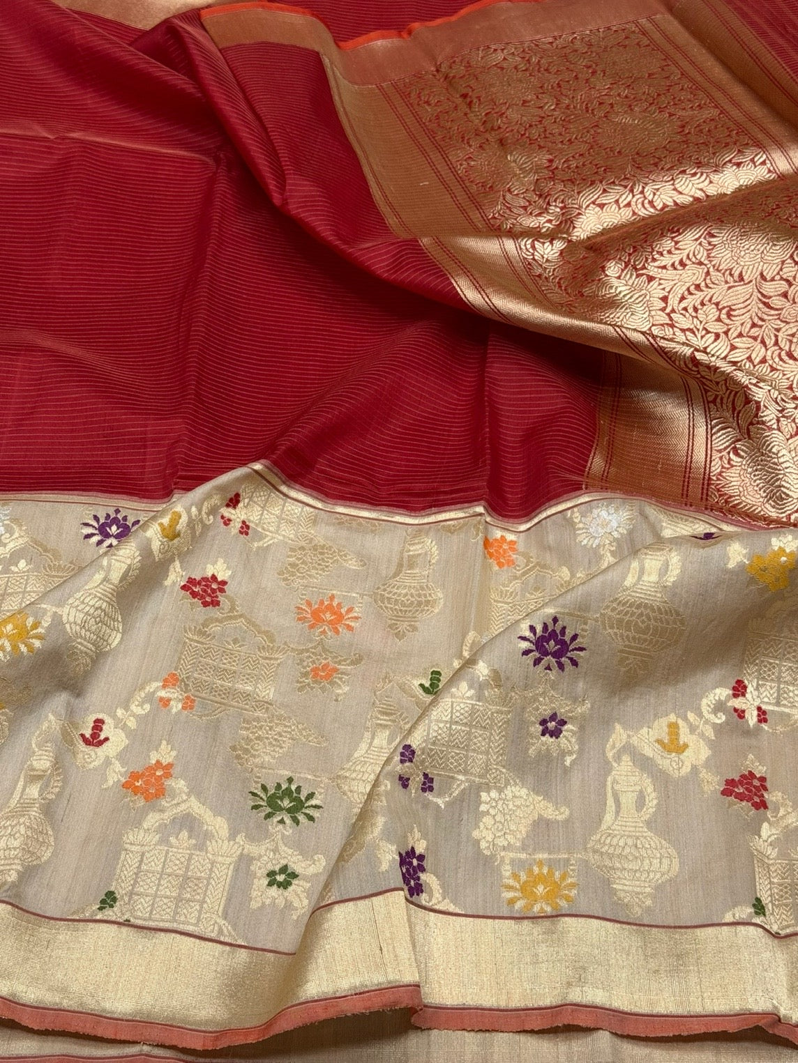 Red Handwoven Pure Organza Tussar Border Saree