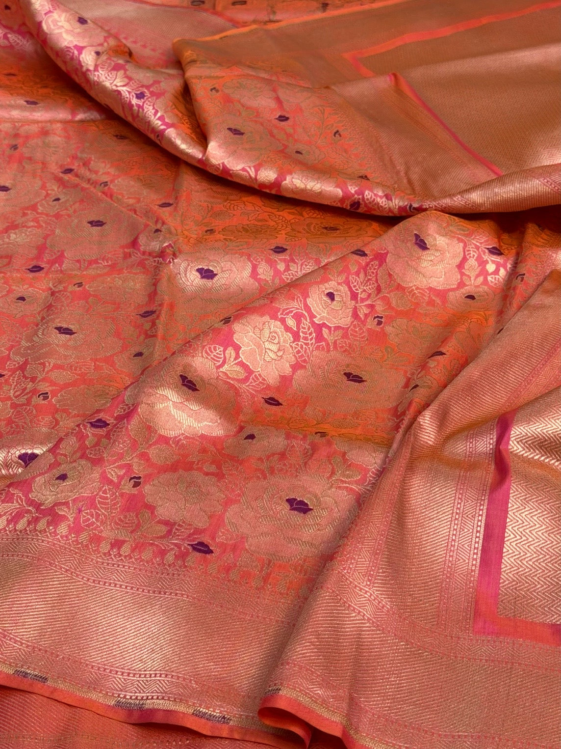 Orangish Pink Banarasi Minakari Pure Katan Silk Brocade Saree