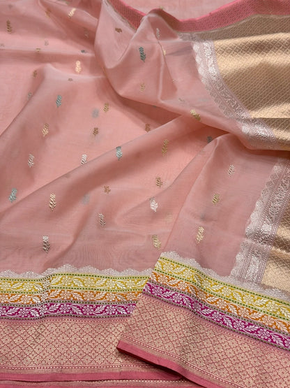 Peach Handwoven Pure Organza Silk Saree