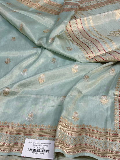 Sea Green Handwoven Pure Banarasi Ektara Tissue Saree