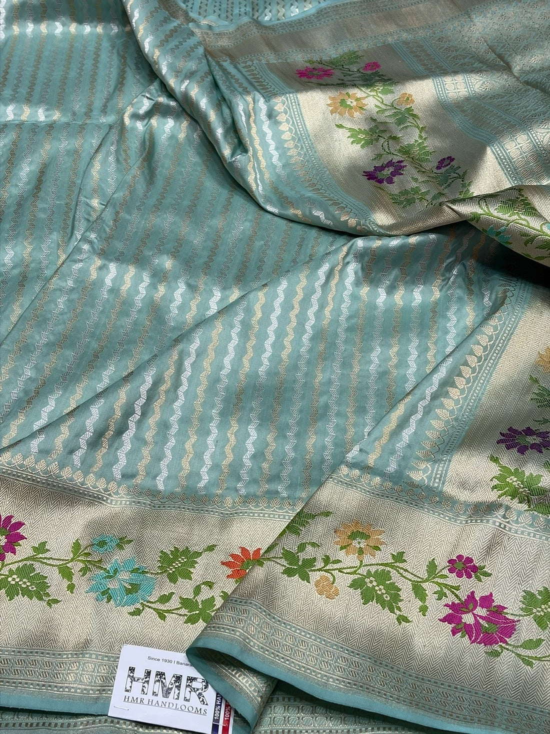 Powder Blue Handwoven Pure Banarasi Silk Saree – Kadwa Weave, Pure Katan-Mulberry Silk