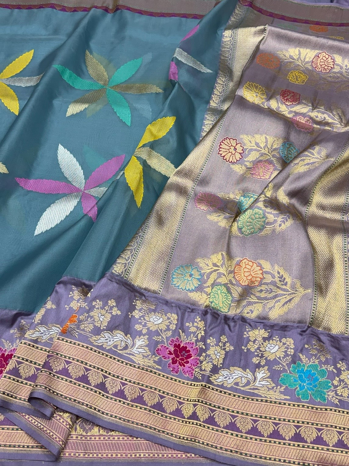 Bluish Grey Handwoven Pure Banarasi Ektara Organza Silk Saree – Kadwa Weave in Kora Mulberry Silk