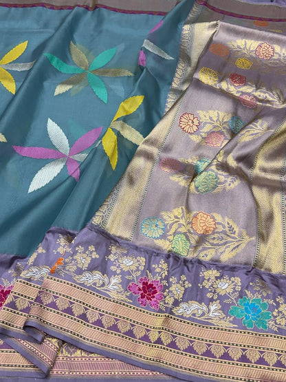 Bluish Grey Handwoven Pure Banarasi Ektara Organza Silk Saree – Kadwa Weave in Kora Mulberry Silk