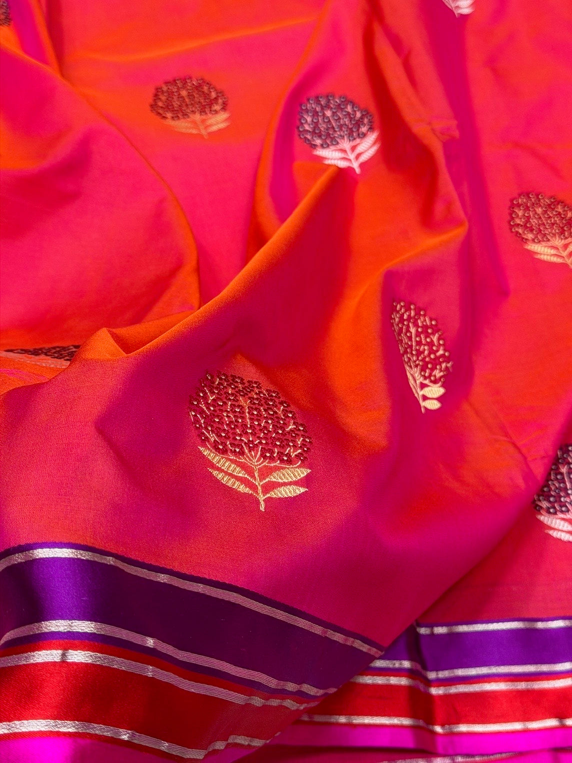 Orangish Pink Handwoven Pure Banarasi Ektara Silk Saree with Satin Border – Kadwa Weave | Authentic Banaras Handloom