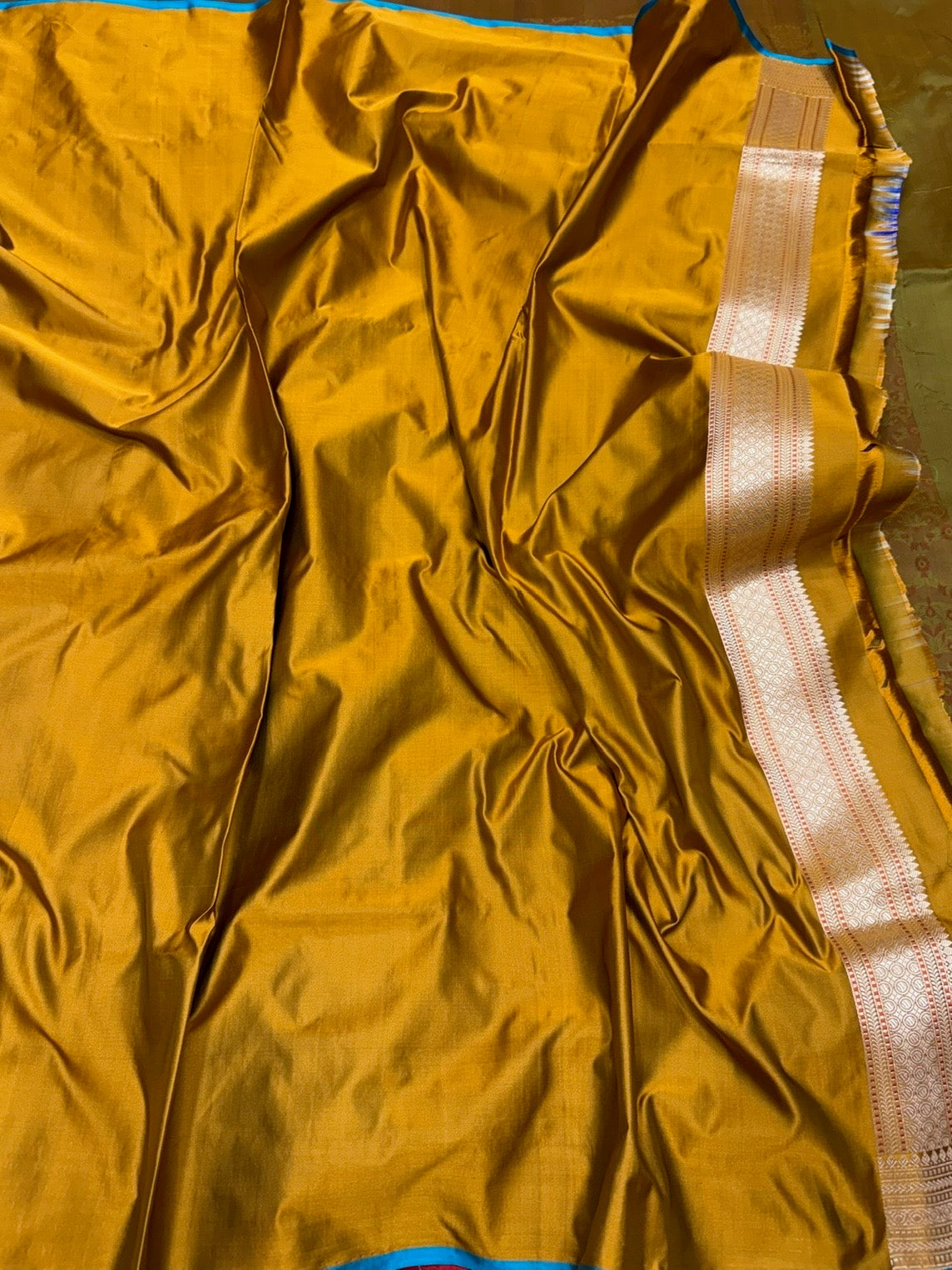Mustard Yellow Handwoven Pure Banarasi Satin Tanchoi Silk Saree