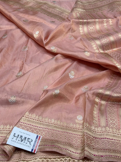 Peach Handwoven Pure Banarasi Ektara Tissue Saree – Kadwa Tissu Weave, Pure Katan-Tissue Silk
