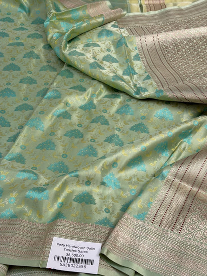 Pista Handwoven Pure Banarasi Satin Tanchoi Silk Saree