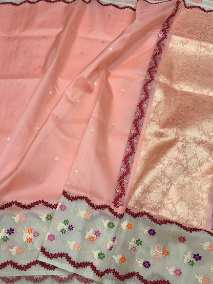 Peach Handwoven Pure Organza Silk Saree